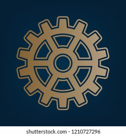 Gear sign. Vector. Golden icon and border at dark cyan background.