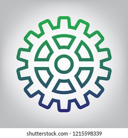 Gear sign. Vector. Green to blue gradient contour icon at grayish background with light in center.