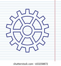 Gear sign. Vector. Navy line icon on notebook paper as background with red line for field.