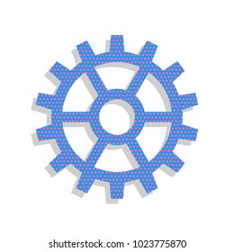 Gear sign. Vector. Neon blue icon with cyclamen polka dots pattern with light gray shadow on white background. Isolated.