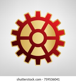 Gear sign. Vector. Red icon on gold sticker at light gray background.