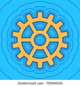 Gear sign. Vector. Sand color icon with black contour and equidistant blue contours like field at sky blue background. Like waves on map - island in ocean or sea.