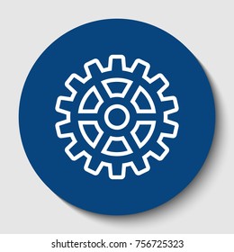Gear sign. Vector. White contour icon in dark cerulean circle at white background. Isolated.