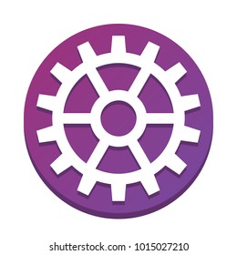 Gear sign. Vector. White icon with flat shadow on purpureus circle at white background. Isolated.