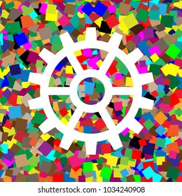 Gear sign. Vector. White icon on colorful background with seamless pattern from squares.