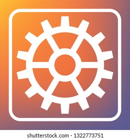 Gear sign. Vector. White icon on transparent button at orange-violet gradient background.