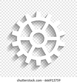 Gear sign. Vector. White icon with soft shadow on transparent background.