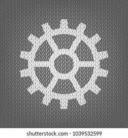 Gear sign. Vector. White knitted icon on gray knitted background. Isolated.