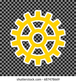 Gear sign. Vector. Yellow icon with white contour on dark transparent background.