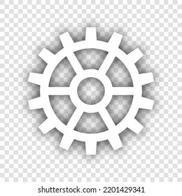Gear sign. White Icon with dropped natural gray Shadow at transparent Background. Illustration.