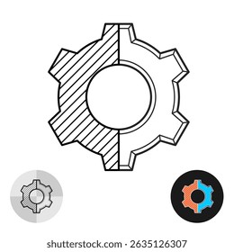 Gear silhouette with half internal section drawing. Technical blueprint for construction design purposes. Automotive or industry apply. Editable stroke.