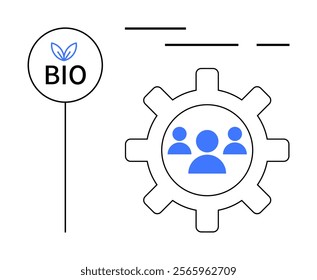 A gear with silhouettes of people and a circular BIO sign with a leaf. Ideal for biotechnology, teamwork, sustainability, environmental, and innovation concepts. Modern minimalist style