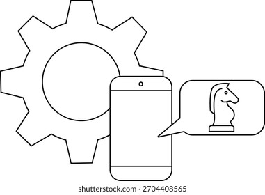 Uma engrenagem fica atrás de um smartphone que tem uma bolha de texto contendo um cavaleiro de xadrez