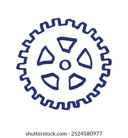 Gear sketch. Hand drawn vector illustration. Blue pen or marker drawing. Primitive kids picture