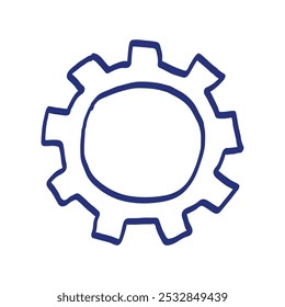 Gear sketch. Hand drawn vector illustration. Blue pen or marker drawing. Primitive kids picture