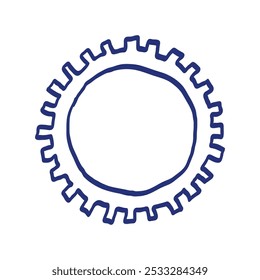 Boceto del engranaje. Ilustración vectorial dibujada a mano. Dibujo azul del bolígrafo o del marcador. Imagen de niños primitivos