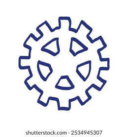 Gear sketch. Hand drawn vector illustration. Blue pen or marker drawing. Primitive kids picture