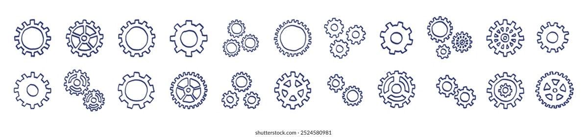 Conjunto de croquis de engranajes. Colección de Ilustración vectorial dibujada a mano. Dibujo azul del bolígrafo o del marcador. Imagen de niños primitivos