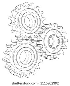 Gear sketch. Vector rendering of 3d. Wire-frame style.