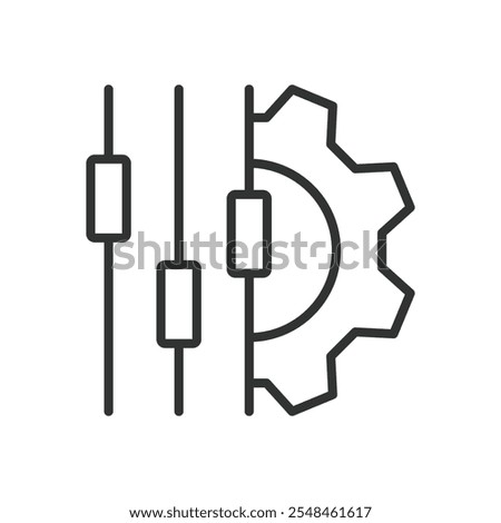 Gear and sliders, icon in line design. Gear, sliders, settings, control, adjustment, configuration, tuning on white background vector. Gear and sliders editable stroke icon