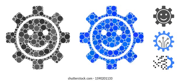 Gear smile composition of round dots in various sizes and shades, based on gear smile icon. Vector circle elements are combined into blue composition.