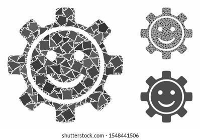Gear smile mosaic of rough items in variable sizes and color tinges, based on gear smile icon. Vector raggy items are composed into mosaic. Gear smile icons collage with dotted pattern.
