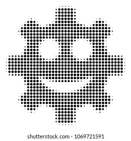 Gear Smile Smiley halftone vector icon. Illustration style is dotted iconic Gear Smile Smiley icon symbol on a white background. Halftone matrix is round spots.