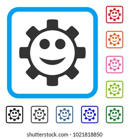 Gear Smile Smiley icon. Flat gray iconic symbol in a blue rounded square. Black, gray, green, blue, red, orange color variants of Gear Smile Smiley vector. Designed for web and application interfaces.