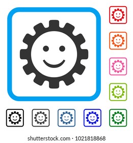 Gear Smile Smiley icon. Flat grey pictogram symbol inside a blue rounded square. Black, gray, green, blue, red, orange color versions of Gear Smile Smiley vector.