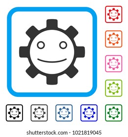 Gear Smile Smiley icon. Flat gray iconic symbol in a blue rounded squared frame. Black, gray, green, blue, red, orange color versions of Gear Smile Smiley vector. Designed for web and software UI.