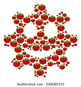 Gear Smile Smiley mosaic of tomato vegetables in different sizes. Vector tomatoes objects are composed into gear smile smiley mosaic. Healthy vector illustration.