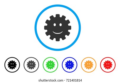 Gear Smile Smiley rounded icon. Style is a flat gear smile smiley gray symbol inside light blue circle with black, gray, green, blue, red, orange variants.
