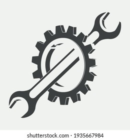 Gear and spanner black and white icon. 3D vector illustration in flat style isolated on white background. Icon for the Options, Settings, Technical Support, Service menu or others. Editable strokes.