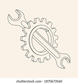 Gear and spanner icon. 3D black and white outline vector illustration. Icon for the Options, Settings, Technical Support, Service menu or others. Editable strokes.