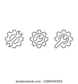 Gear with spanner or wrench line vector icon set. Setup, settings outline icons.