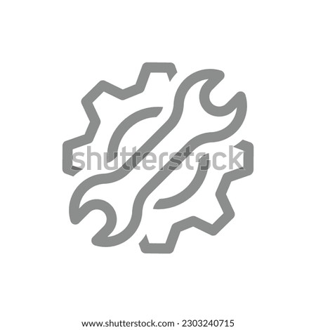 Gear with spanner or wrench line vector icon set. Setup, settings outline icons.