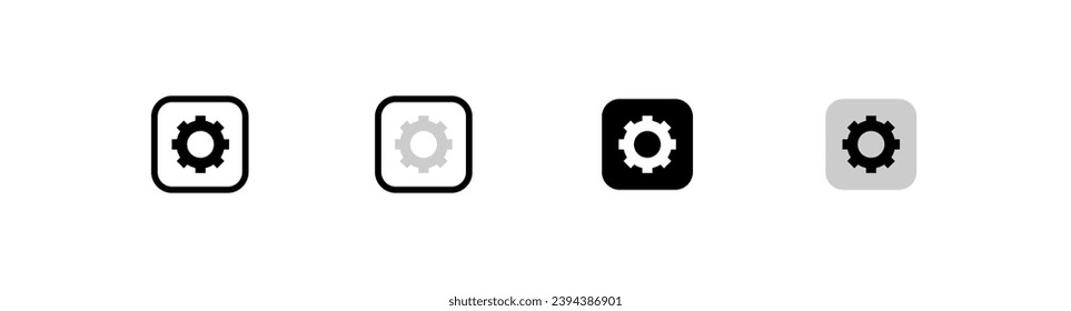 Engranar en iconos cuadrados. Lineal, configuración del diseño de los botones, distancia de engranajes dentro de un cuadrado. Iconos del vector