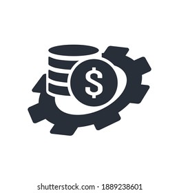 Gear and a stack of coins. Financial accrual. Forecasting Cash flows of income, expenses. Vector icon isolated on white background.