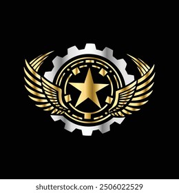 Gear and star with wings vector logo design template. Golden gear and winged star logo.