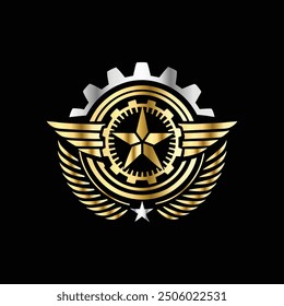 Gear and star with wings vector logo design template. Golden gear and winged star logo.