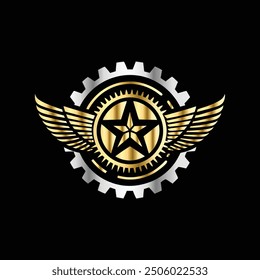 Gear and star with wings vector logo design template. Golden gear and winged star logo.