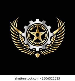 Gear and star with wings vector logo design template. Golden gear and winged star logo.