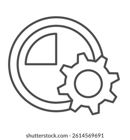Gear with stopwatch thin line icon, repair service concept. Vector graphics. Cogwheel and clock timer sign on white background, linear style icon for mobile or web design