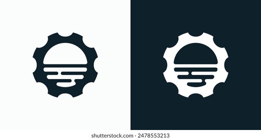 Gear and sunset vector logo design in modern, simple, clean and abstract style.