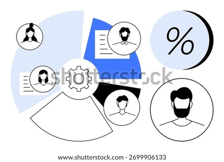 Gear surrounded by pie chart segments with human profile icons and document symbols, percentage symbol at top right. Ideal for team management, business strategy, strategic planning, workflow