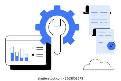 Gear symbol and bar chart report, representing data analysis and financial reporting on white background with cloud. Ideal for business, finance, analytics, technology, and optimization themes