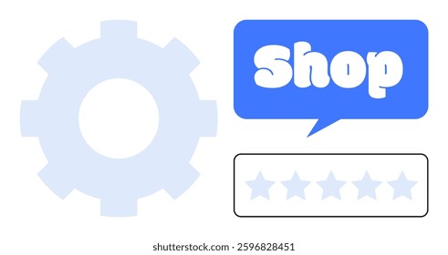 Gear symbol, blue speech bubble with text Shop, and a five-star rating system in a minimalist vector style. Ideal for e-commerce, customer feedback, online shopping platforms, digital marketing