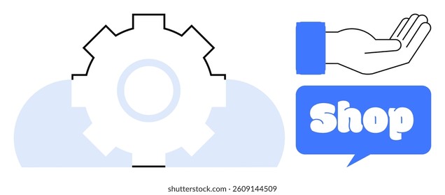 A gear symbol with a cloud background next to a hand holding a speech bubble with the word shop represents services related to online shopping or e-commerce. Ideal for business, technology