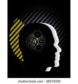Gear symbol in the head of a thinking people silhouettes, conceptual vector illustration