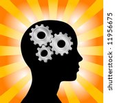 Gear symbol in the head of a thinking silhouette woman on a background of orange red rays.